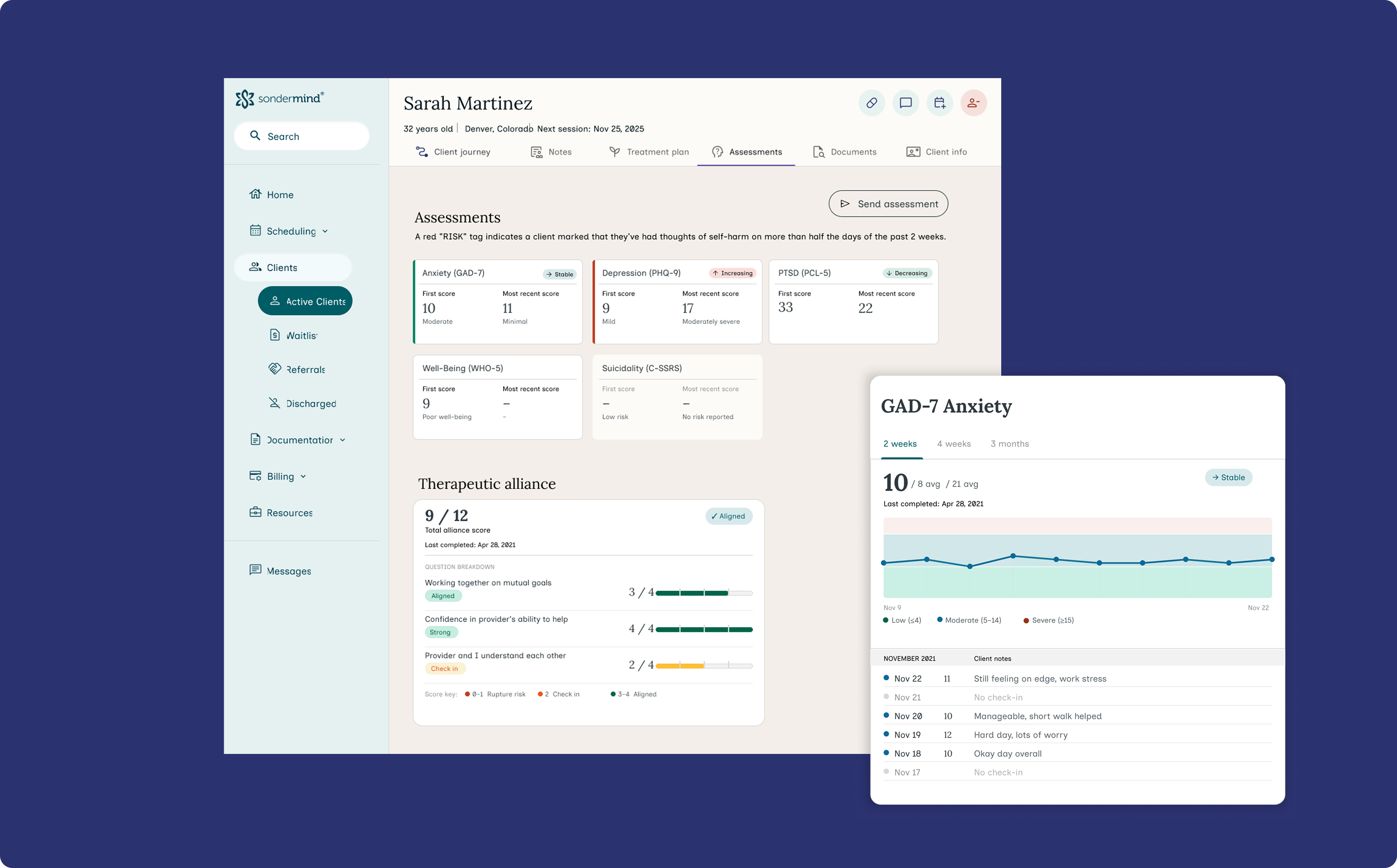 Provider portal showing the Assessments tab with a GAD-7 Anxiety detail panel — score history, individual question responses, and trend line